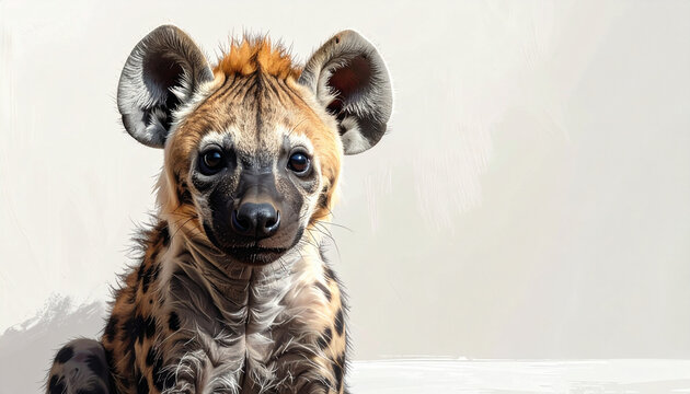 Hyena cub portrait against a white background