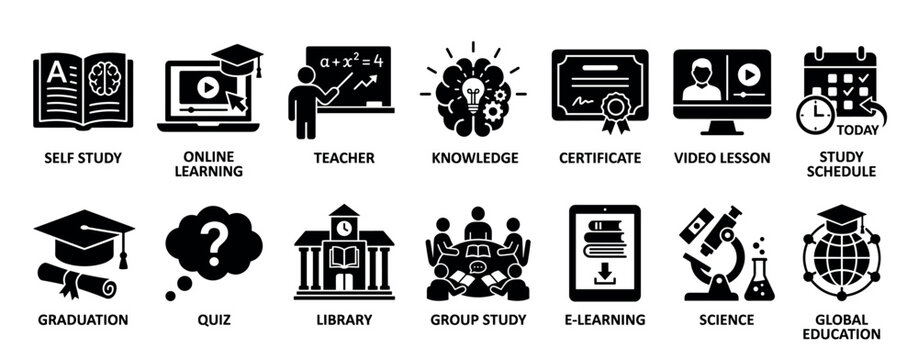Comprehensive set of black solid glyph icons for education and e-learning, featuring symbols for graduation, science, online lessons, knowledge, and group study