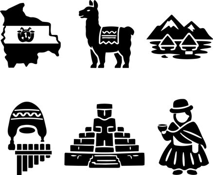 Bolivia culture and landmark black glyph icon set