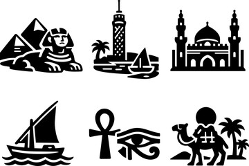 Fototapeta premium Egypt travel and ancient culture black glyph icon set