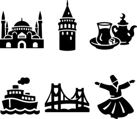 Fototapeta premium Middle East travel and culture black glyph icon set. Vector