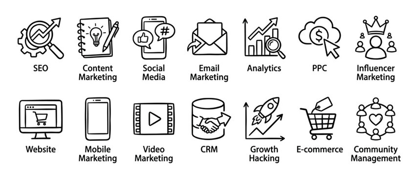Digital marketing icon set with hand-drawn illustrations for various business concepts like SEO, social media, e-commerce, and analytics in a simple black and white line art style
