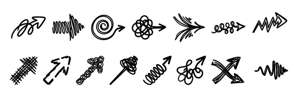 Collection of black hand-drawn doodle arrows in various creative styles, including scribbled, tangled, spiral, and zigzag shapes, illustrating concepts of direction and process