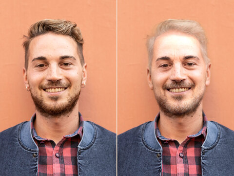 Portrait comparison of young man and older version illustrating aging process and future self concept. Male face transformation showing time passing and realistic age progression.