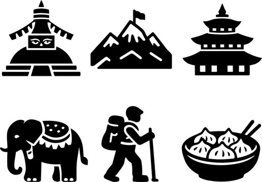 Nepal culture and travel black glyph icon set