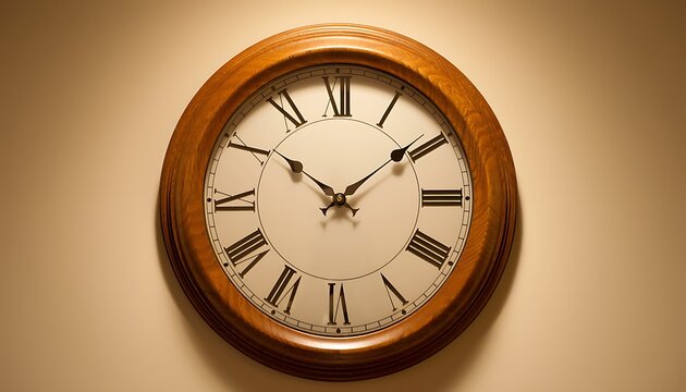 Wooden clock on a cream colored wall showing time concepts