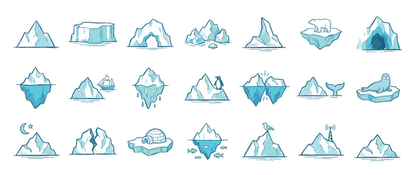 Large collection of hand-drawn iceberg icons showing various arctic and antarctic scenes with animals like polar bears, penguins, and seals in a cute doodle sketch style