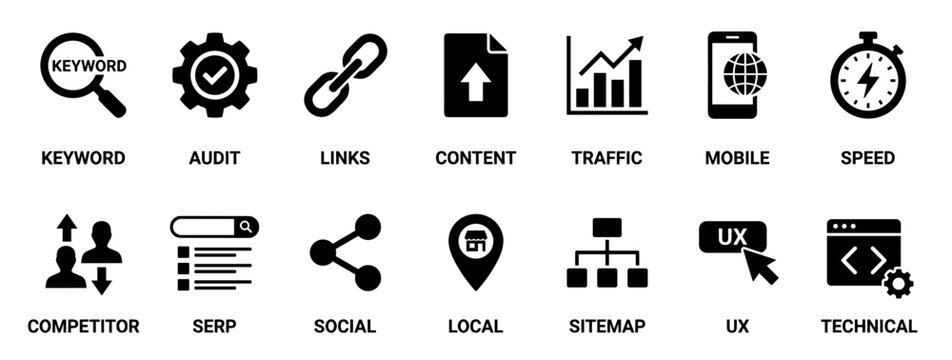 Black solid glyph icon set representing search engine optimization concepts including keyword, audit, links, content, traffic, mobile, speed, SERP, local, social, and UX for digital marketing