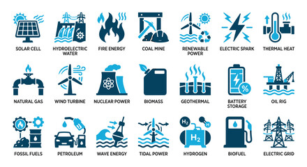 Comprehensive collection of blue energy source icons illustrates various power generation methods, including solar, wind, nuclear, and fossil fuels, presented in a clean, graphic style © Vladislav