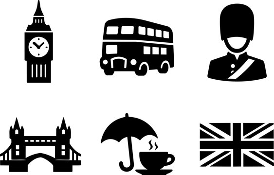 British culture and travel black glyph icon set