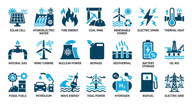 Comprehensive collection of blue energy source icons illustrates various power generation methods, including solar, wind, nuclear, and fossil fuels, presented in a clean, graphic style