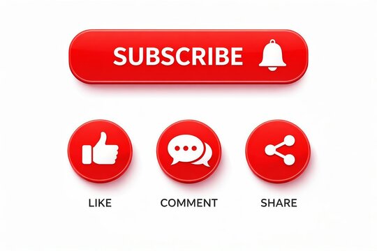 Red subscribe like comment share social media icons with bell notification