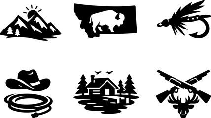Obraz premium Western wilderness and outdoor adventure black glyph icon set