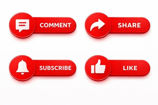 Set of four modern red social media action buttons with comment, share, subscribe, and like icons