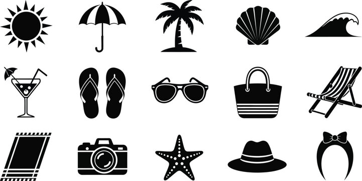 Summer Beach Vacation Icon Set with Sun Palm Tree Sunglasses and Tropical Holiday Elements