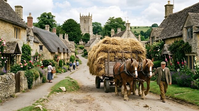 Traditional scene featuring a village street with hay cart pulled by draft horses through a historic English town for a nostalgia and heritage concept