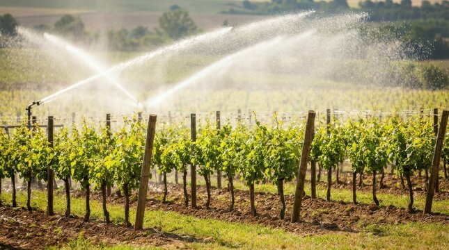 Vineyard irrigation system spraying water over grape vines