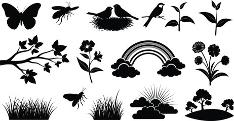 Naklejka premium Set of Nature and Garden Silhouettes with Flowers Trees Butterflies and Rainbow for Spring Design