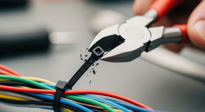 Close up of wire cutters removing a plastic zip tie from a bundle of colorful cables.