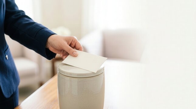 Hand placing note in cremation urn on wooden table in serene indoor setting. Cremation urn is elegantly designed, providing a dignified space for remembrance.