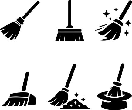 Broom and cleaning equipment black glyph icon set