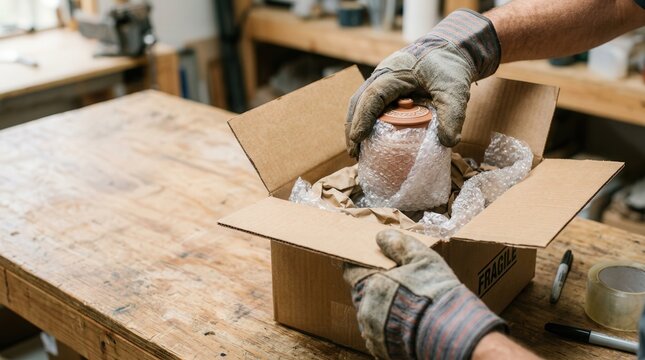 Unboxing cremation urn from protective packaging on wooden table with gloves. Careful handling of urn inside box ensures safety during transport and storage.
