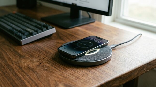 Wireless charging pad with smartphone on a wooden desk near monitor and keyboard for tech background and product banner design