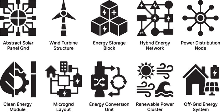 Set of ten clean energy and smart grid icons for renewable power systems and microgrid design Vector