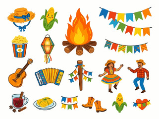 Naklejka premium Brazilian festa junina icon set with bonfire corn popcorn and flags for seasonal festival design 
