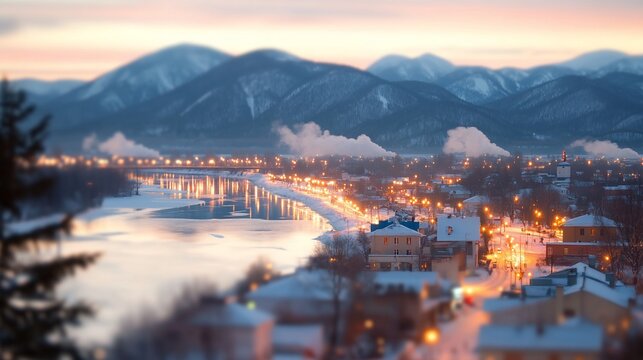 Enchanting TiltShift Winter Cityscape Warm Lights Icy River Snowy Mountains at Twilight.
