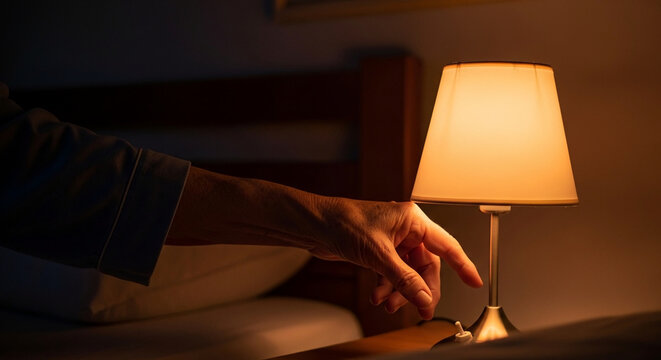 Person's hand reaching to activate a warm glowing bedside lamp in a dimly lit bedroom, signifying evening routine or morning awakening comfort
