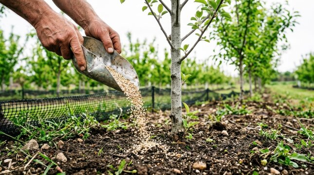 Gardener fertilizing a young tree in an orchard