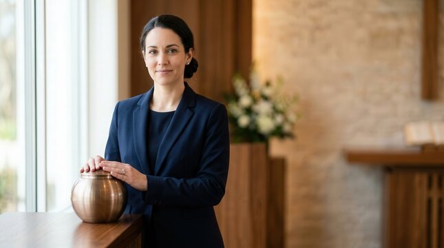 Professional woman presenting cremation urn in serene environment, showcasing selection process of urns. Cremation urn displayed emphasizes respect and choice during difficult times.