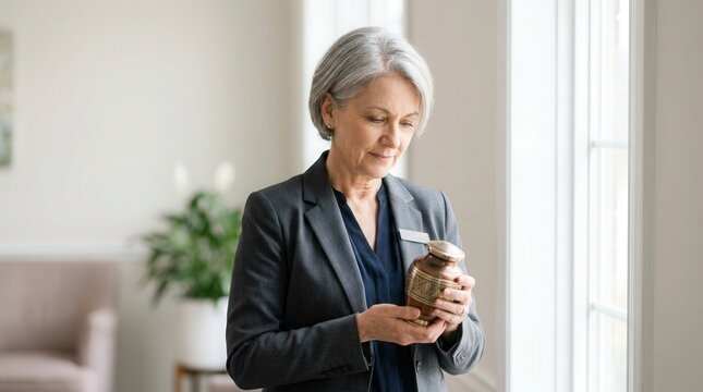 Woman selecting cremation urn with thoughtful expression, holding decorative urn in a serene indoor setting. Choosing cremation urn signifies remembrance and honoring loved ones in a dignified way.