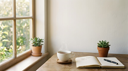 Fototapeta premium cozy morning study nook with tea and succulents by sunny window