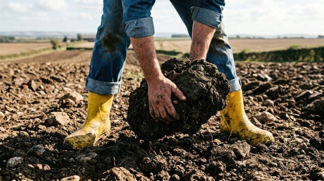 Farmer holding a clod of soil in a field