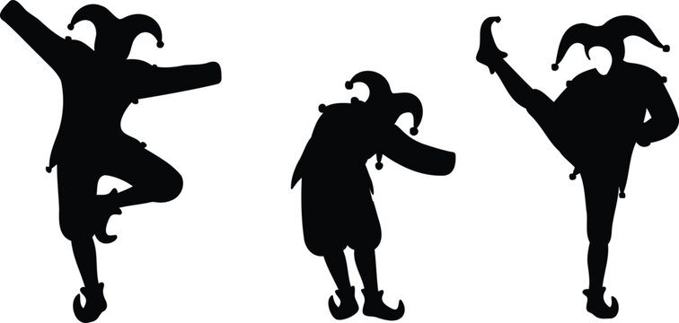Three black silhouettes of jester characters in different poses on white background