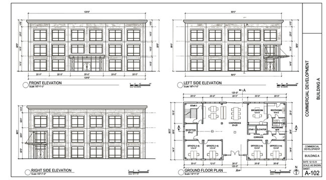 Commercial Development Building Elevation and Ground Floor Plan with Precise Layout, Dimensions, and Structural Design for Urban Architecture Projects