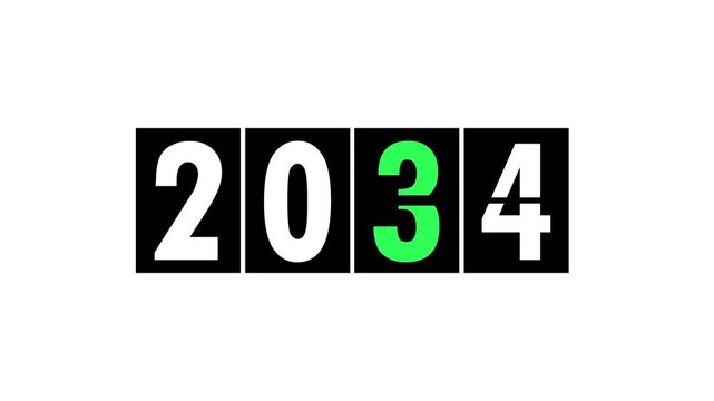 Happy new year.2034 New Year counter, change calendar icon animation with white background.Flip countdown timer with changing numbers of year.