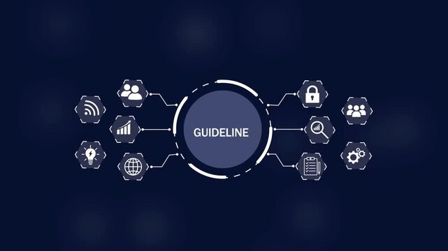 Central circular hub labeled GUIDELINE connected by lines to surrounding hexagonal representing data analysis on Black Background and features 4k Animation video
