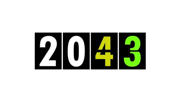 Year counter, change calendar icon animation with white background.Flip countdown timer with changing numbers of year 2043.