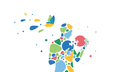 Fototapeta premium This colorful vector illustration depicts a human figure composed of organic shapes holding a broken sphere while a butterfly flies away.