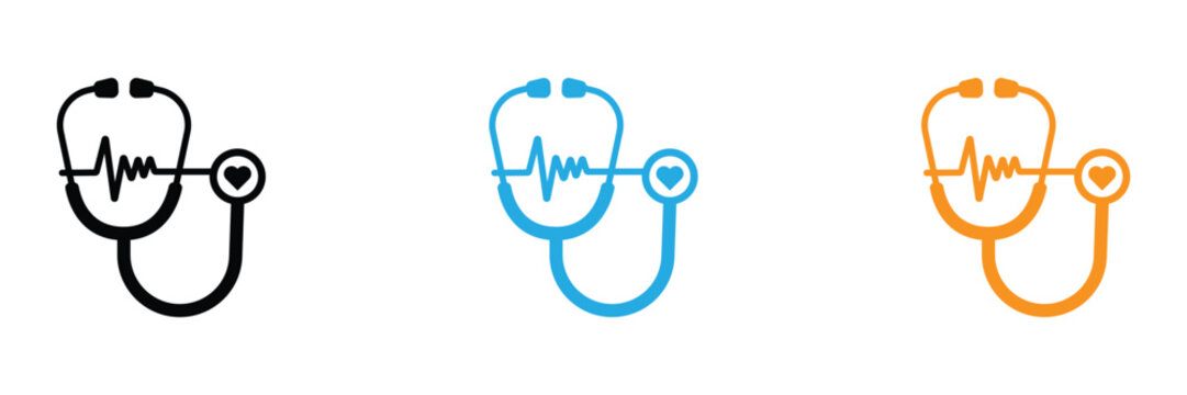 Stethoscope with heartbeat line and heart icon on white background, Medical symbol vector icons in black, Blue and orange colors