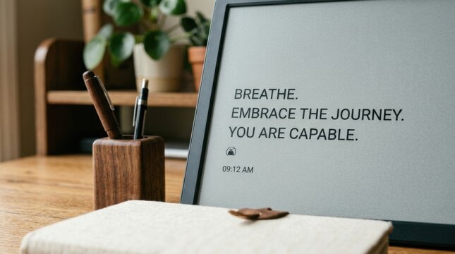 Framed motivational desk quote print with calming message on a wooden workspace for office background and inspirational poster design