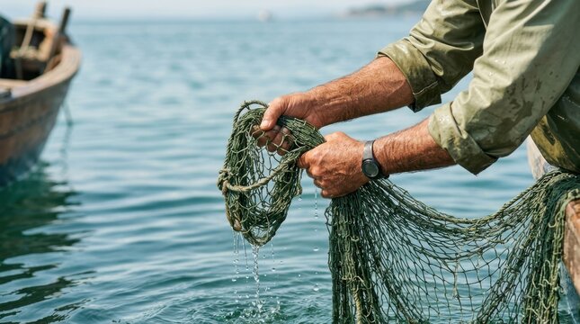 Fisherman holding a fishing net over the water