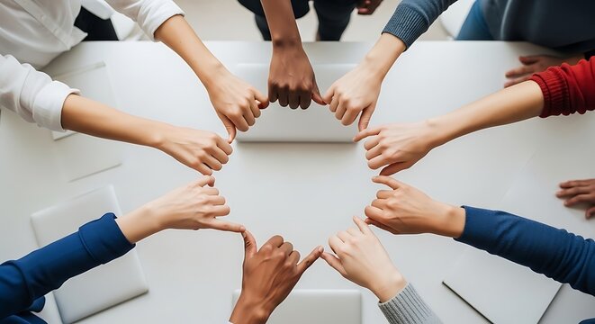 Diverse group of people stacking hands in a circle on a white table