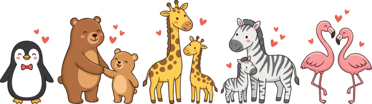 Cute Animal Pairs with Hearts - Penguin, Bear, Giraffe, Zebra, and Flamingos for Love and Friendship Illustration