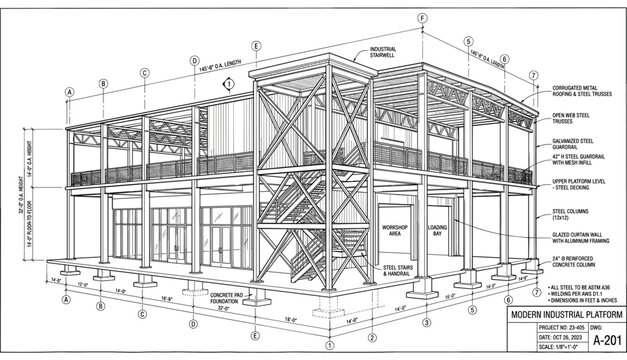Modern Industrial Platform Architectural Blueprint Featuring Structural Details, Steel Framework, and Design Specifications