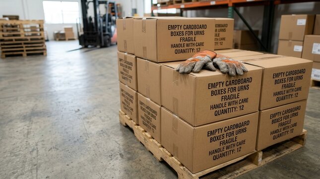 Warehouse scene with stacked boxes on wooden pallet and gloves resting on top. Boxes labeled with contents showcase organized storage environment in industrial setting.