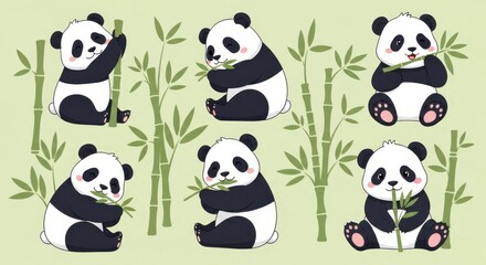 Obraz premium Cute pandas eating bamboo shoots on a light green background with plants bamboo forest black and whi
